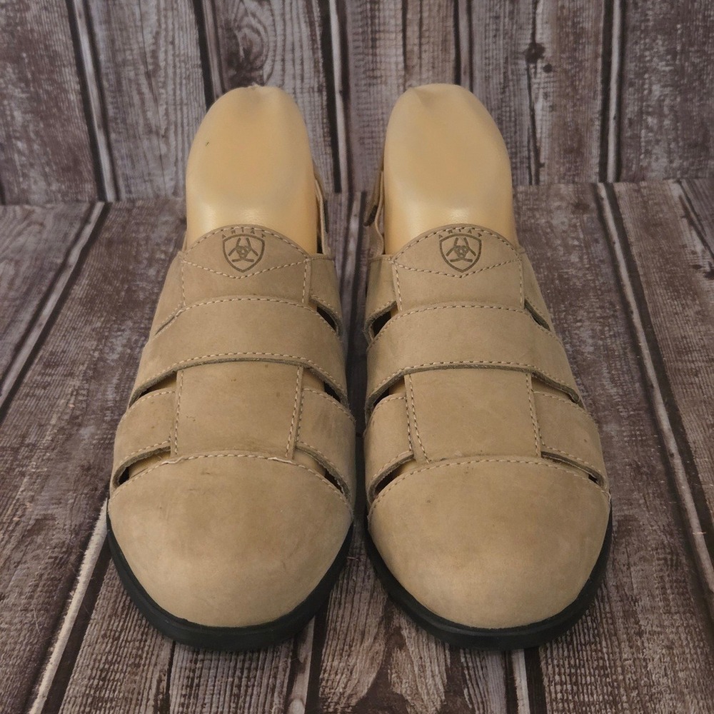 Sz 6 M Womens Ariat Tan Nubuck Leather Cage Clogs Slingback Mules Block Heel - Picture 2 of 7